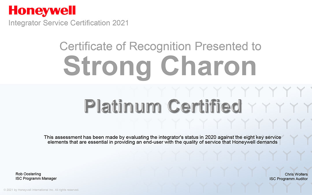 Somos “Platinum Certified” para sistemas de segurança da Honeywell